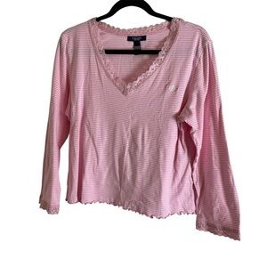 CHAPS SZ XL pink/white Stripe Long Sleeve Shirt W/ Lace Top Blouse